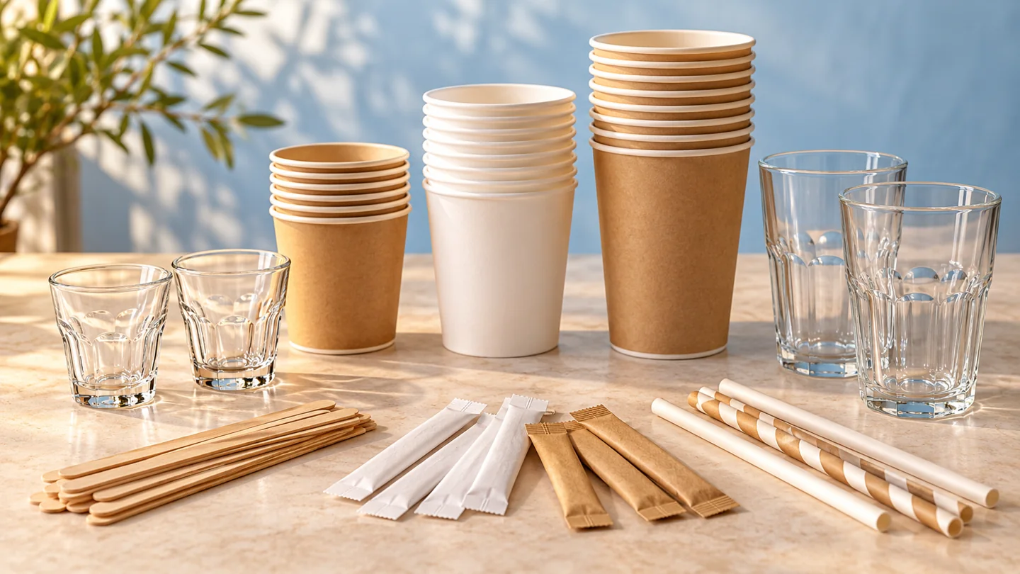 Fournitures pour cafés : gobelets de différentes tailles, verres à café et à eau, agitateurs en bois, sucre en bûchettes et pailles