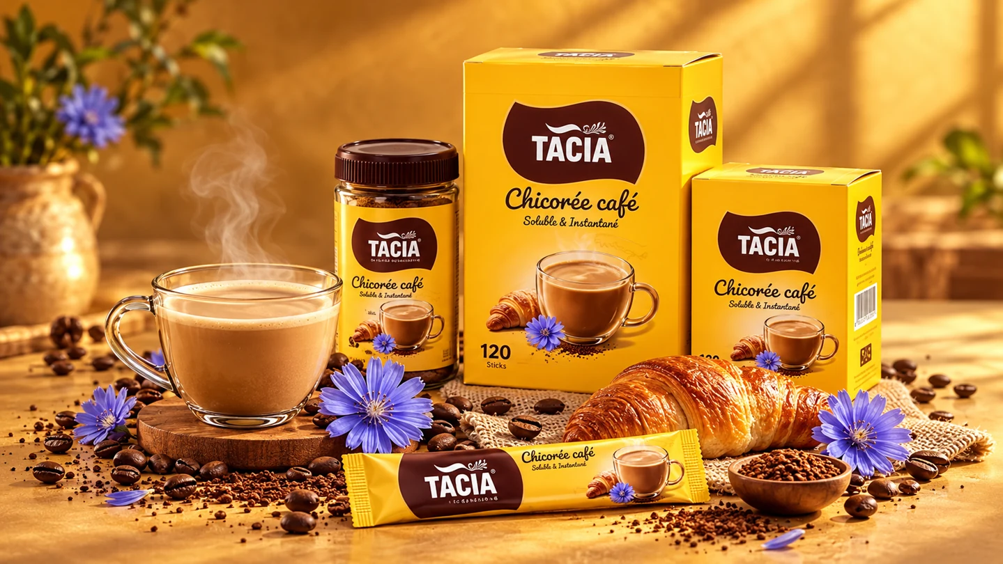 Gamme TACIA chicorée-café : boîtes, pot et sticks dans un décor doré